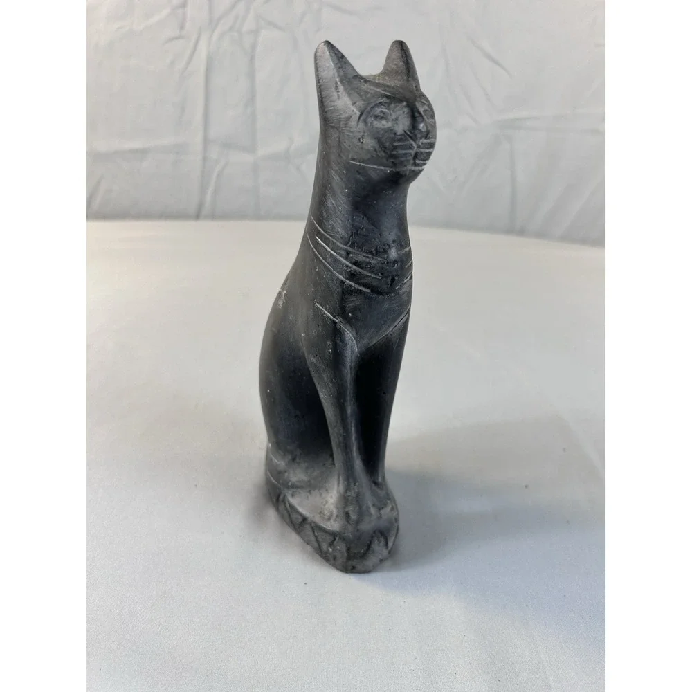 Vintage Hand Carved Soapstone Cat Figurine Black Stone‎ Statue 7
